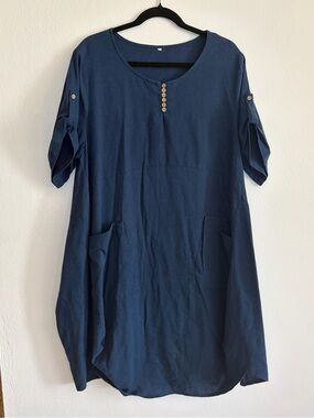 Navy Button-Front Dress with Pockets